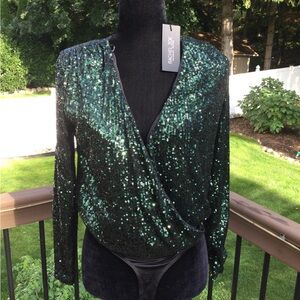 Rachel Zoe Green Shiny Blouse bodysuit NWT Size XS